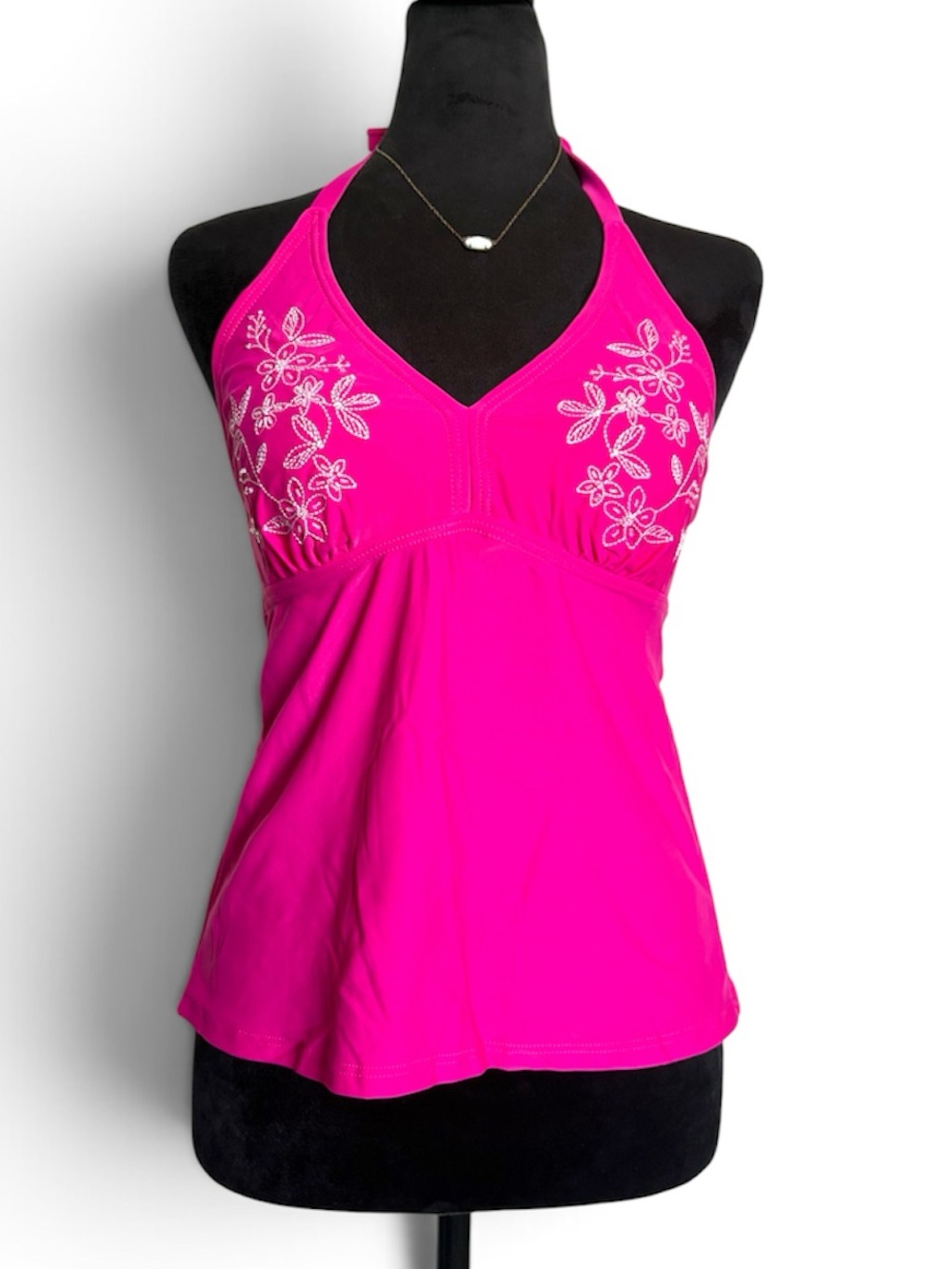 Fashion Bug Woman’s Medium Hot Pink Halter SwimTop with White Floral accents